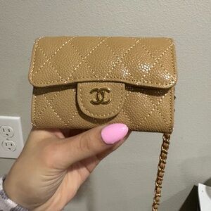 Gold-Tone Quilted Tan Wallet on Chain